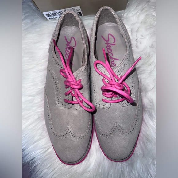 Skechers Women Groove Lite Taupe Pink Leather Suede Wing Tip Oxford Shoes Sz 10 - Picture 3 of 7